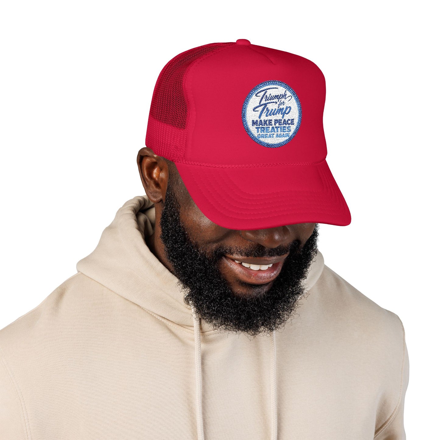 "Triumph for Trump: Make Peace Treaties Great Again" ✨EMBROIDERED Foam Trucker Hat — Vintage Trump Campaign Patch, Only @ LuxeByMimi✨