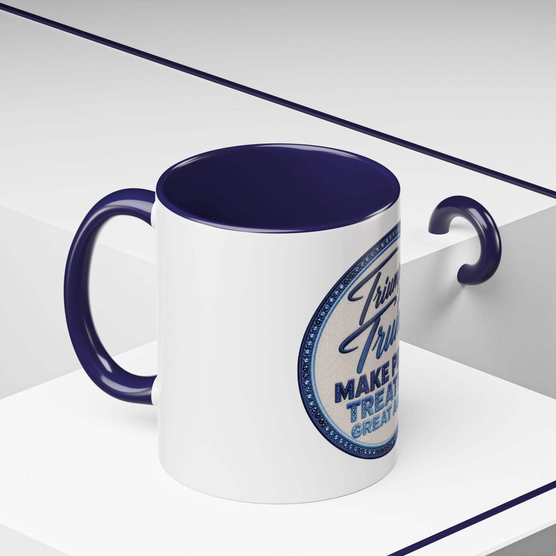 White mug with blue interior and handle, featuring text on a white background Donald Trump patriotic coffee cup with embroidered-style circular badge artwork for coffee and tea lovers.