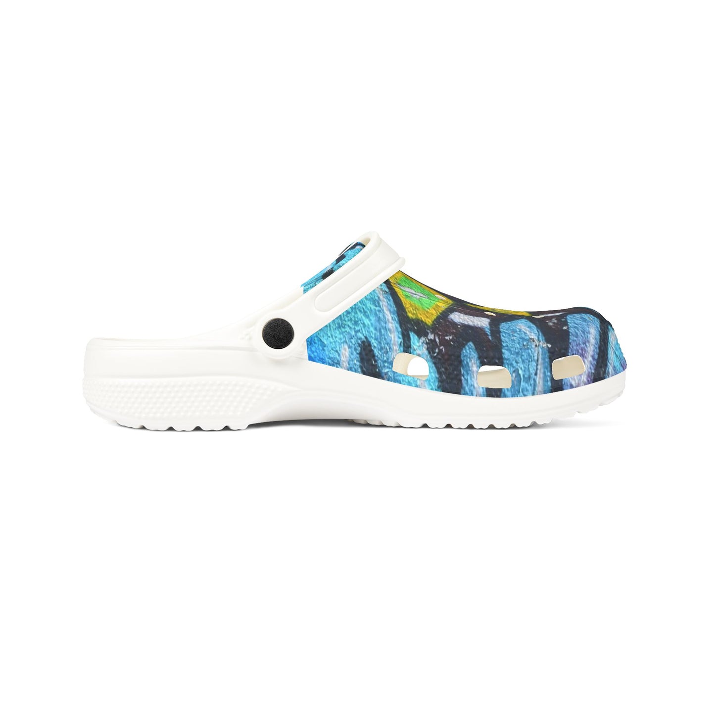 Graffiti Painted Cityscape EVA Clogs — Artistic Blue Graphic Foam Slip‑Ons