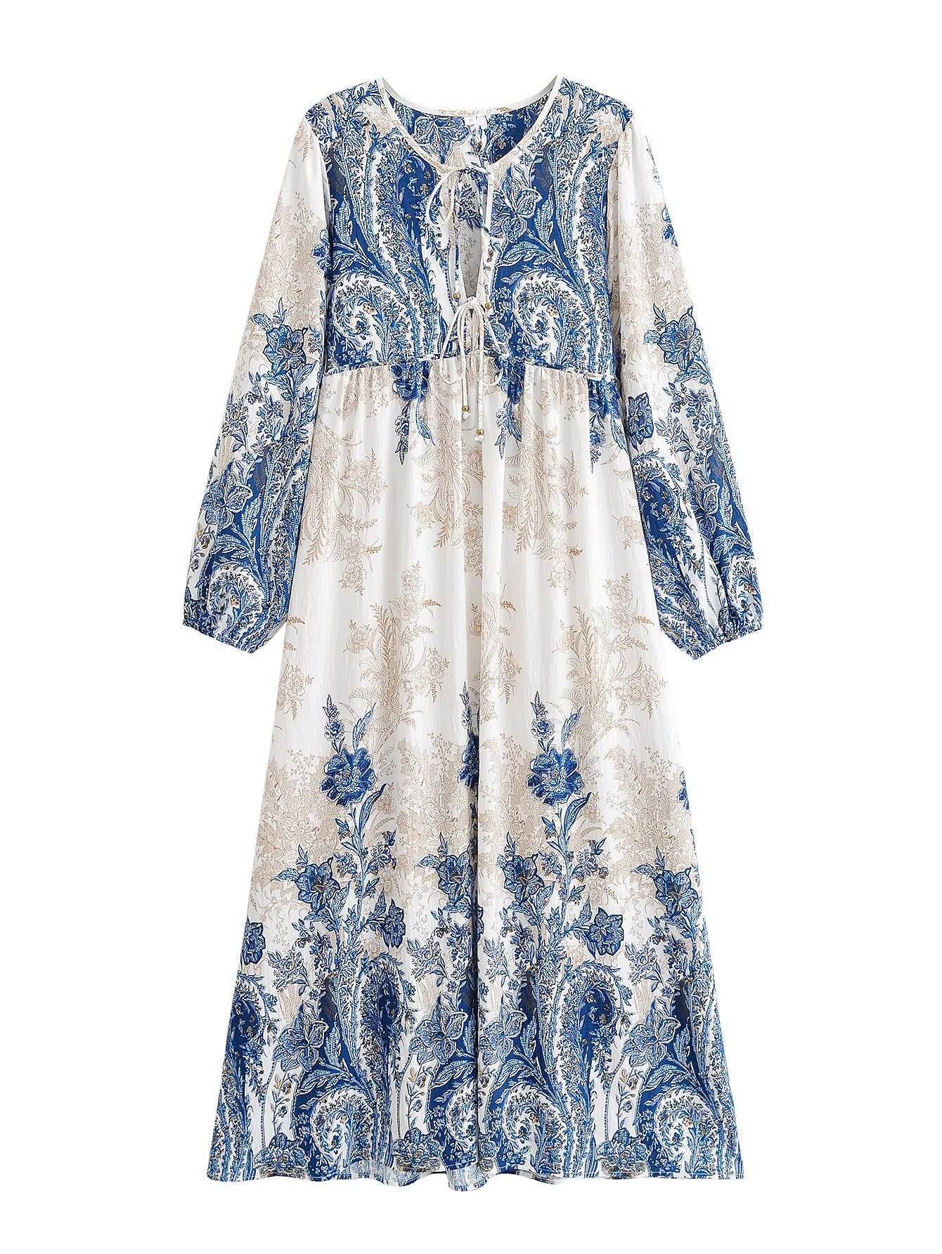 Women Loose Bohemian Flared Dress with Embroidered Tassel Print