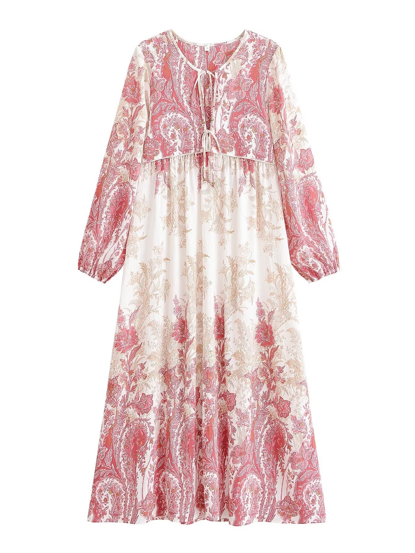 Women Loose Bohemian Flared Dress with Embroidered Tassel Print