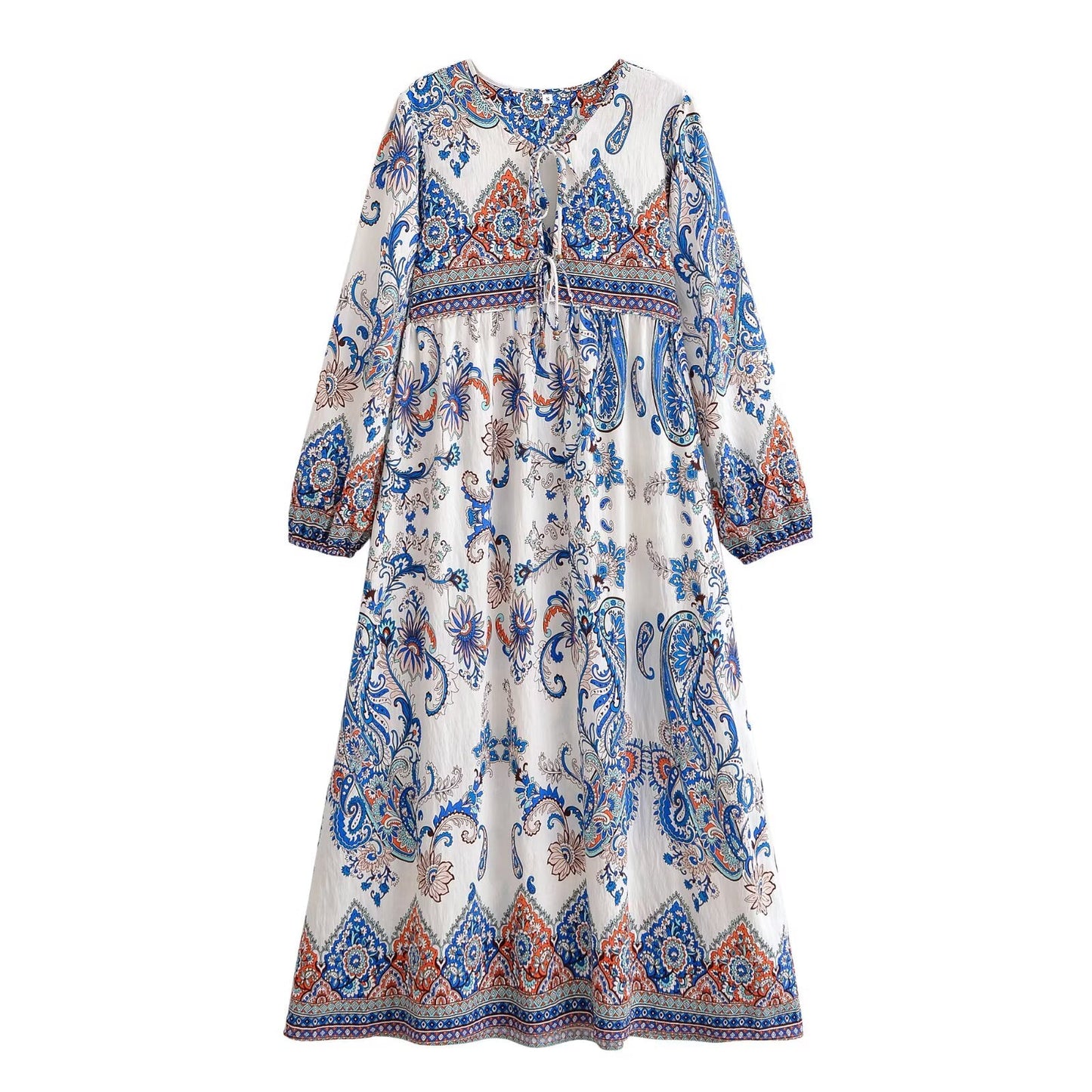 Women Loose Bohemian Flared Dress with Embroidered Tassel Print