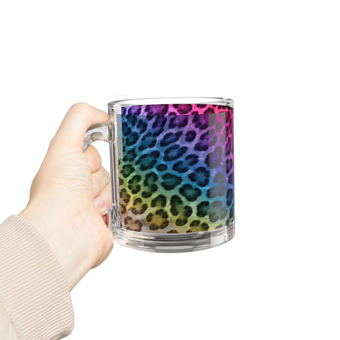 Rainbow Leopard Print Glass Mug Colorful Animal Pattern, 10oz