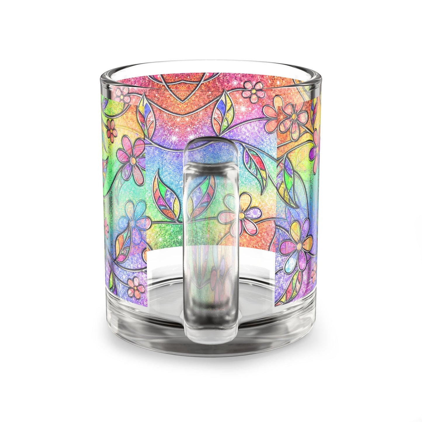 Rainbow Floral Pattern Glass Mug 10oz Colorful Flower Design