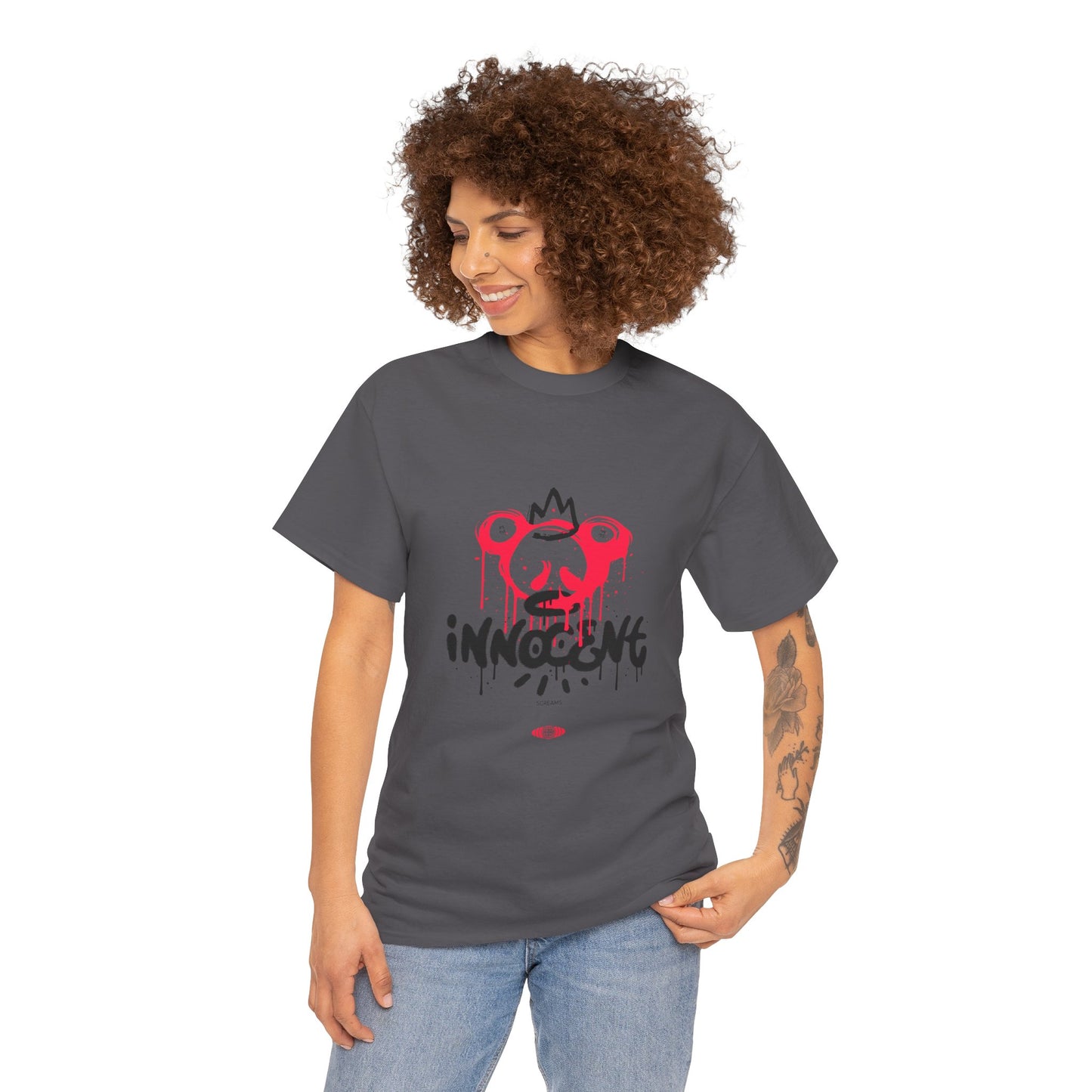Edgy Graphic Tee: 'Innocent' Design, Urban Fashion, Streetwear, Unisex Cotton T-Shirt, Music Festivals, Casual Wear