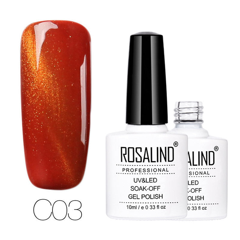 Rosalind gel polish with a glittery orange nail sample on a white background