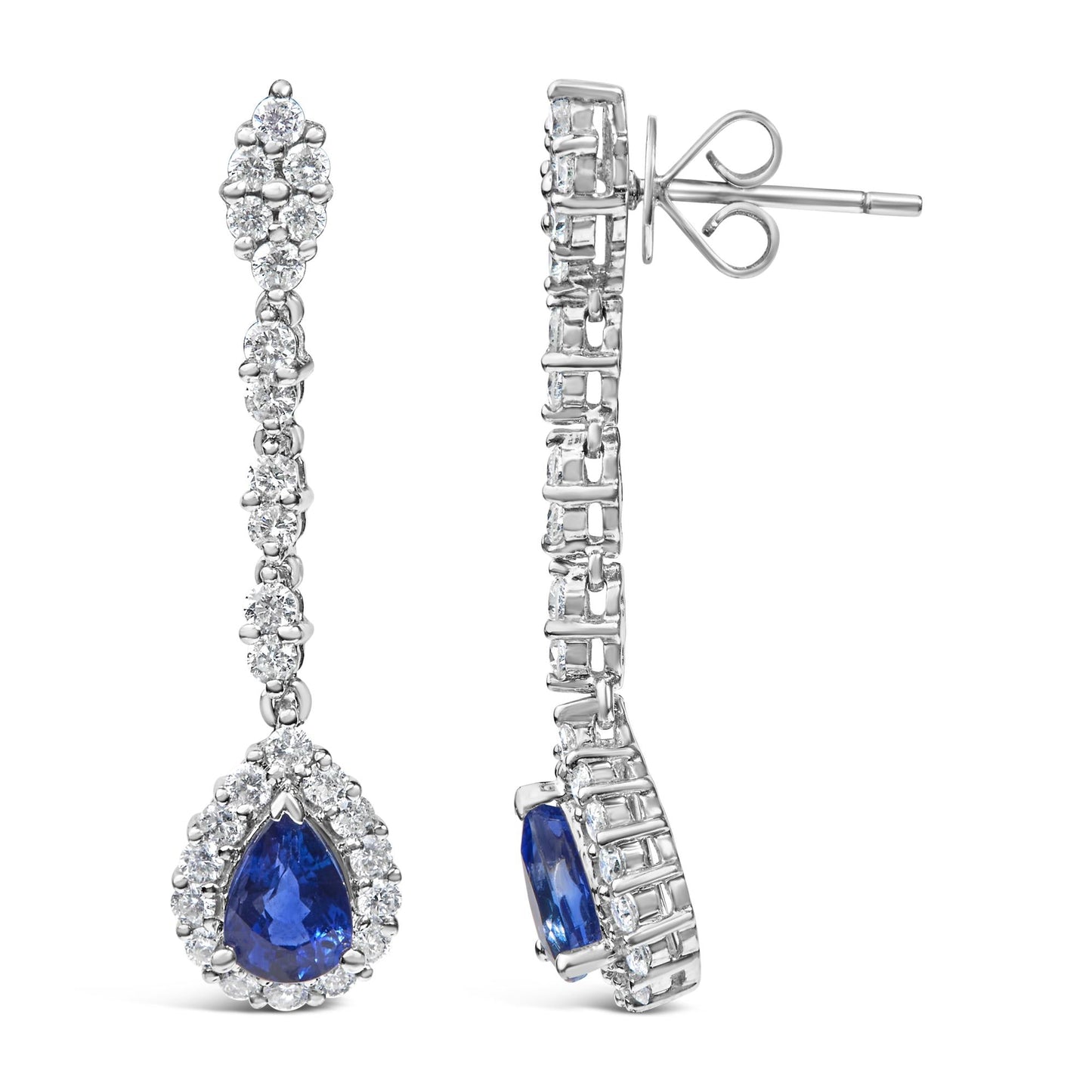 18K White Gold 1 3/5 Cttw Diamond and 7X5 MM Pear Shaped Blue Sapphire 1 1/3 Inch Drop and Dangle Halo Earrings (G-H Color, VS1-VS2 Clarity)-3