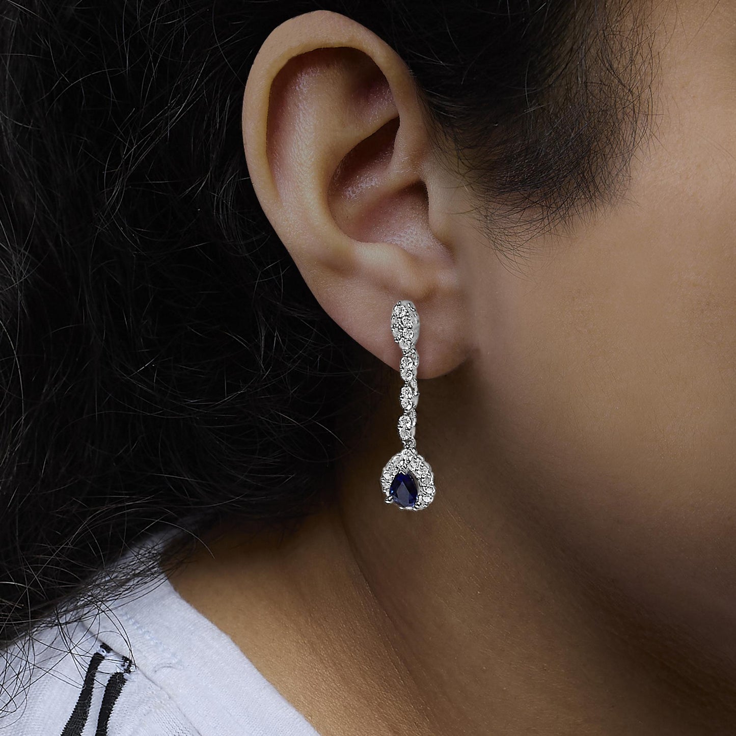 18K White Gold 1 3/5 Cttw Diamond and 7X5 MM Pear Shaped Blue Sapphire 1 1/3 Inch Drop and Dangle Halo Earrings (G-H Color, VS1-VS2 Clarity)-2