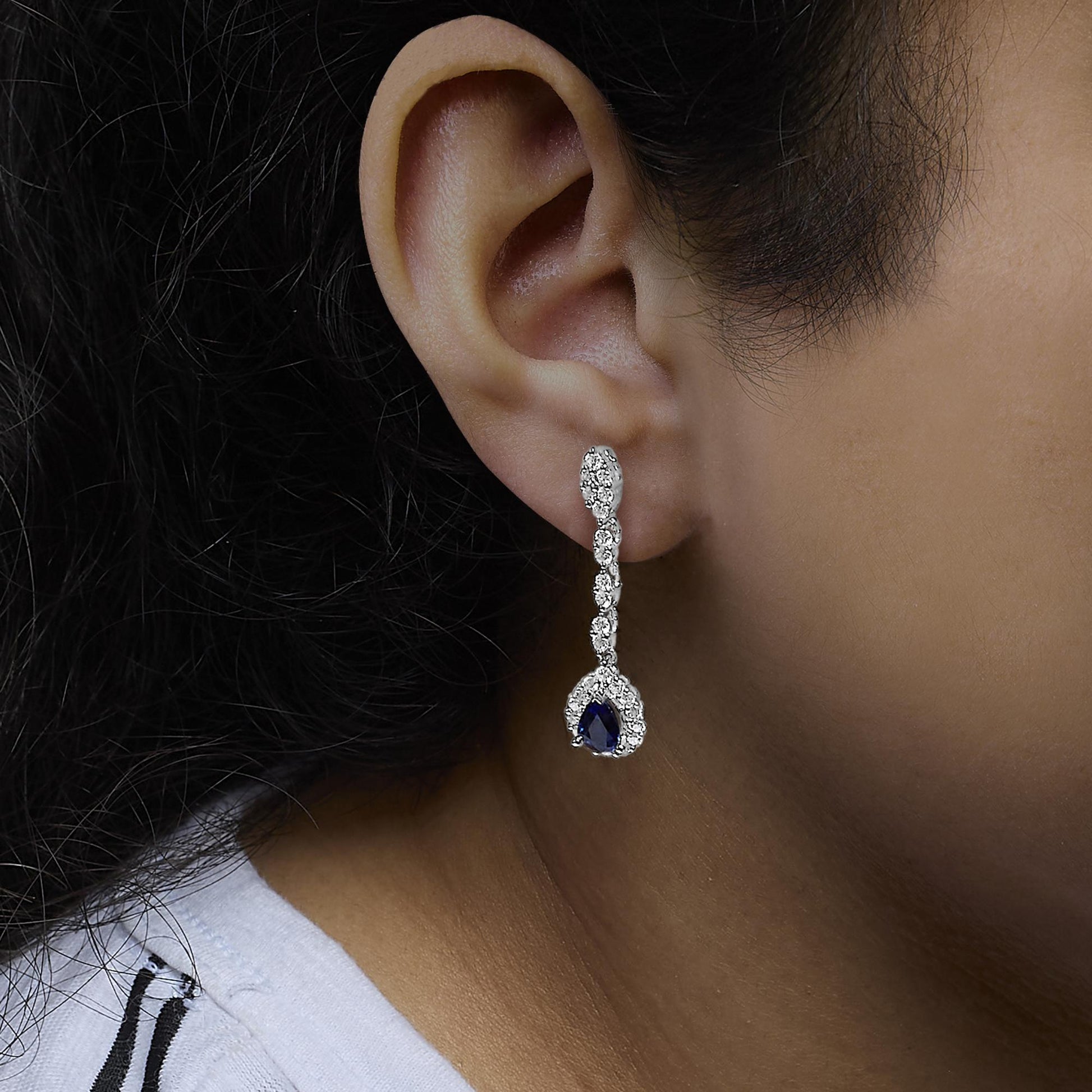 18K White Gold 1 3/5 Cttw Diamond and 7X5 MM Pear Shaped Blue Sapphire 1 1/3 Inch Drop and Dangle Halo Earrings (G-H Color, VS1-VS2 Clarity)-2