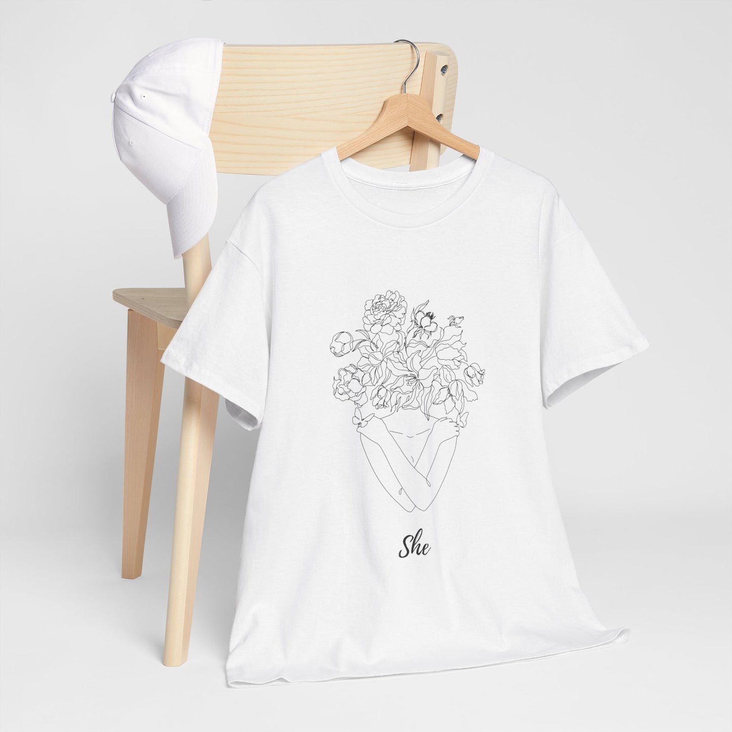 SHE Floral Love Unisex Heavy Cotton Tee, Casual T-Shirt, Gift for Her, Summer Fashion, Relaxed Fit Tee
