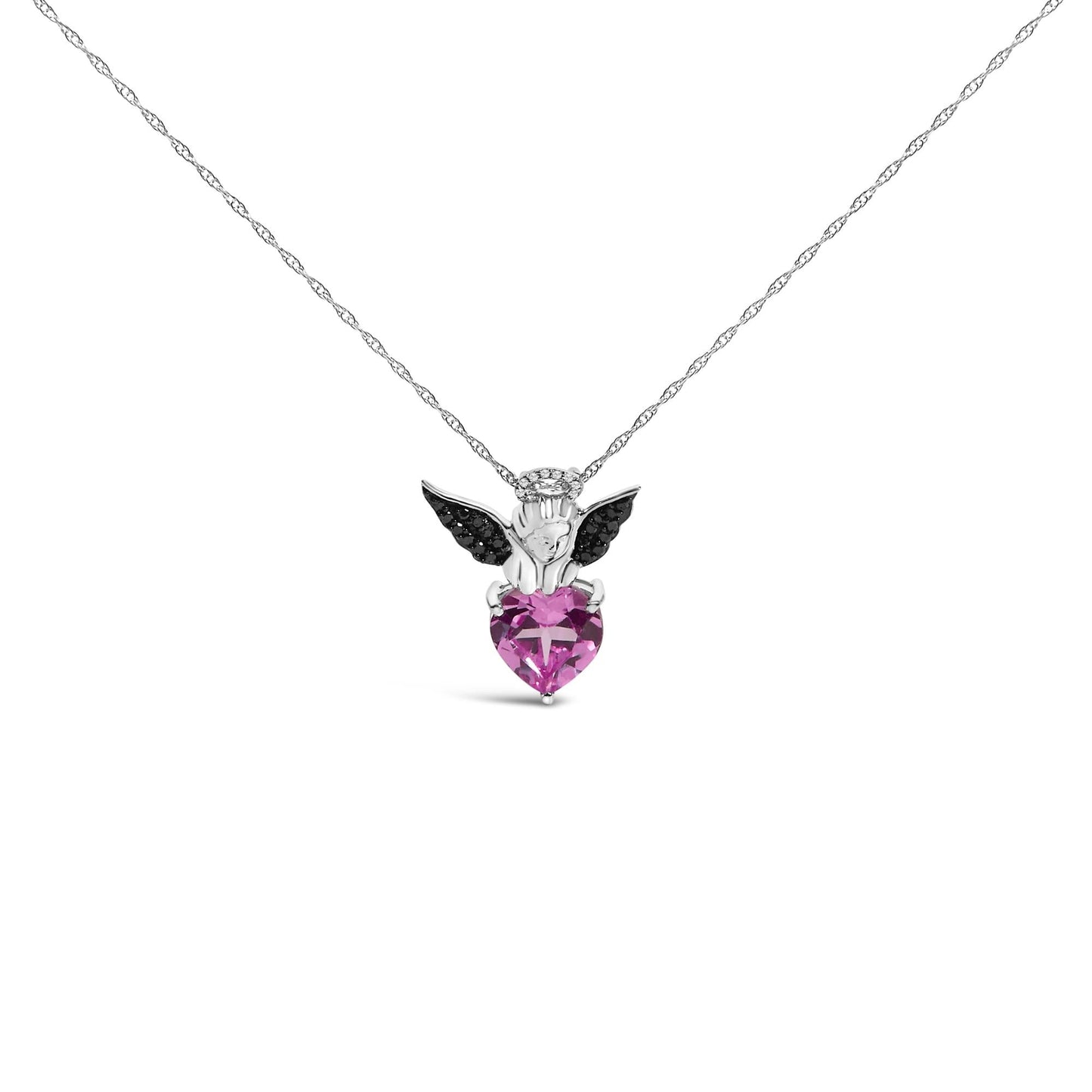 Sterling Silver Diamond Accent & Created Pink Sapphire Angel Heart Pendant Necklace-0