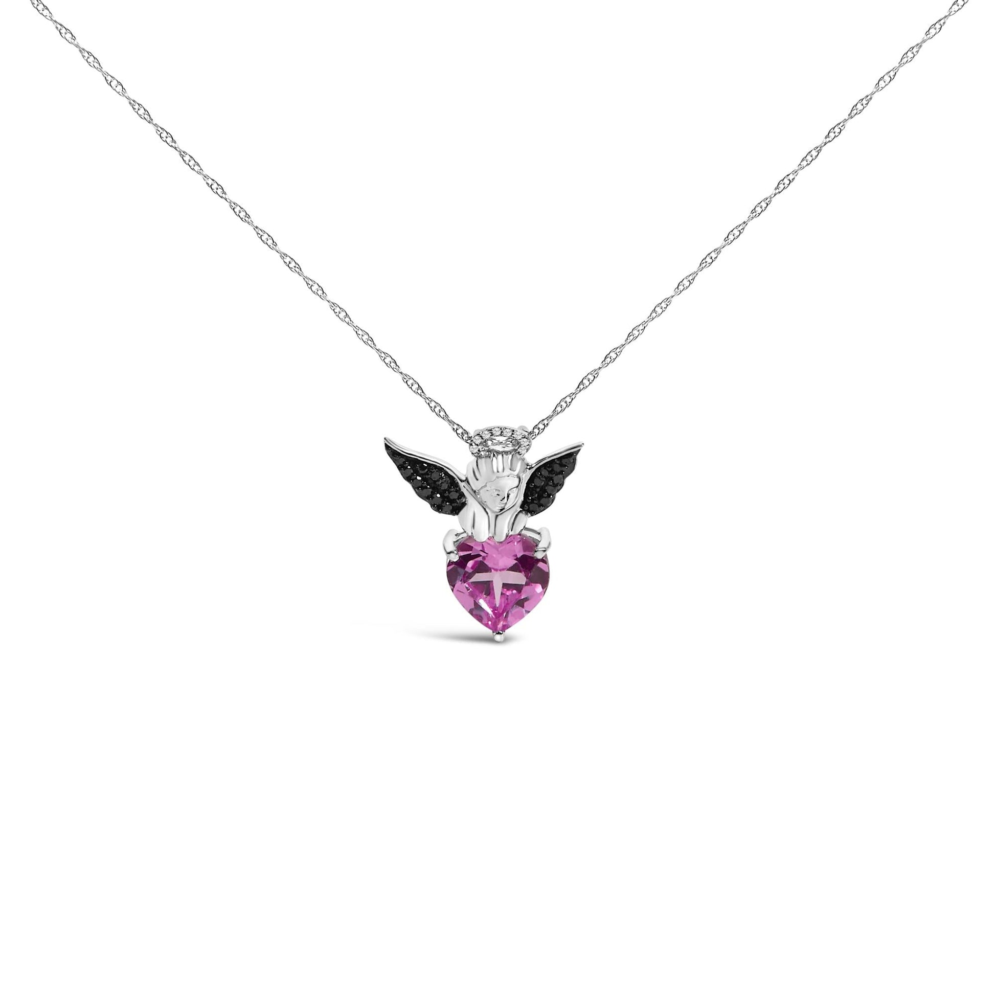 Sterling Silver Diamond Accent & Created Pink Sapphire Angel Heart Pendant Necklace-0