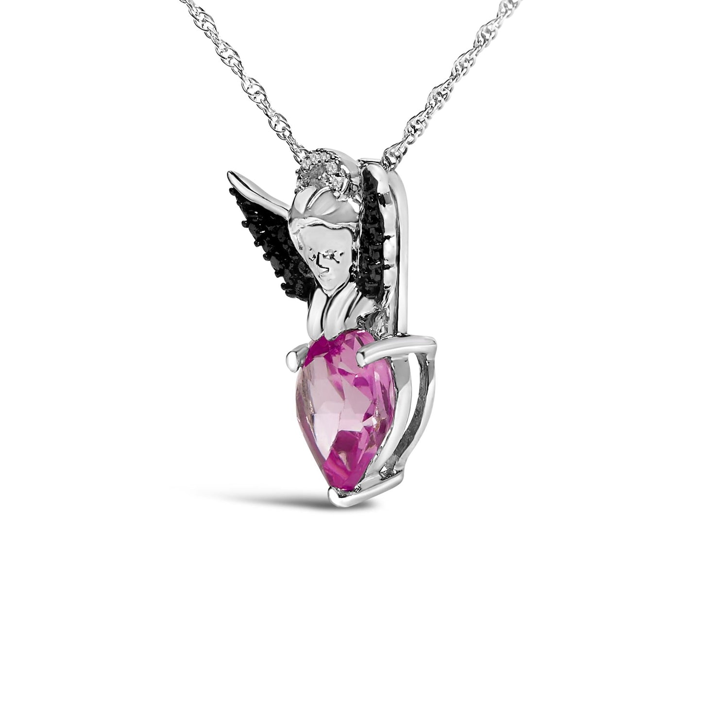 Sterling Silver Diamond Accent & Created Pink Sapphire Angel Heart Pendant Necklace-3