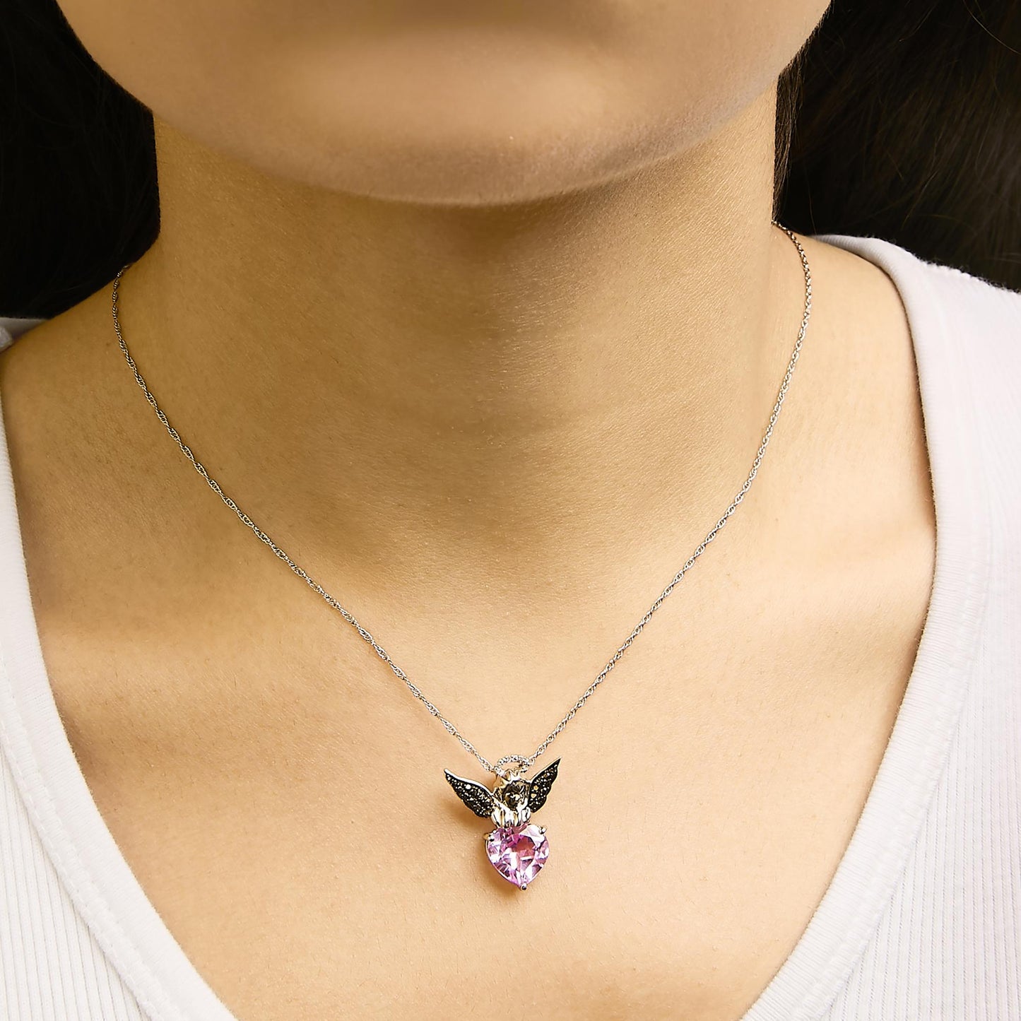 Sterling Silver Diamond Accent & Created Pink Sapphire Angel Heart Pendant Necklace-2