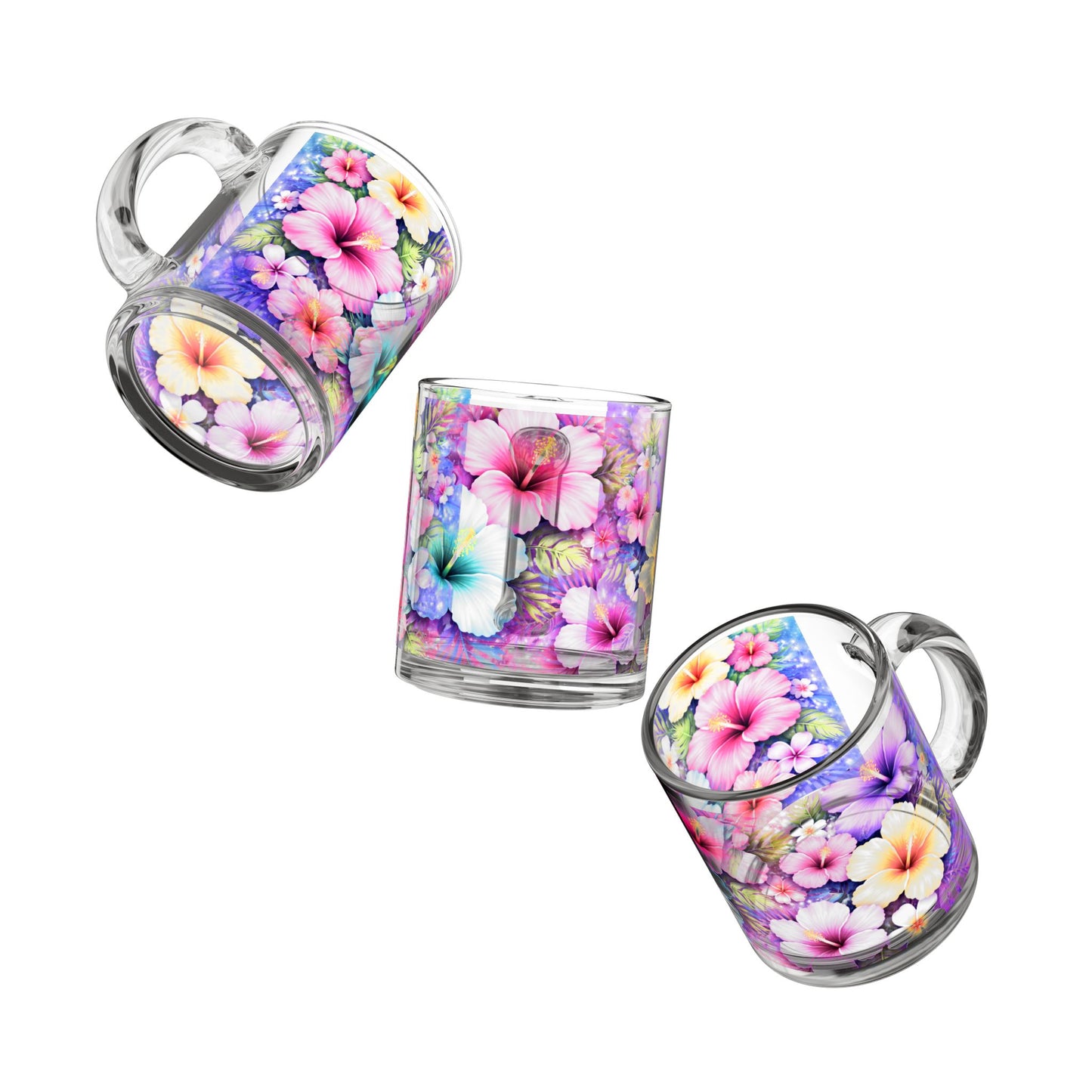 Pastel Tropical Hibiscus Floral Glass Mug 10oz