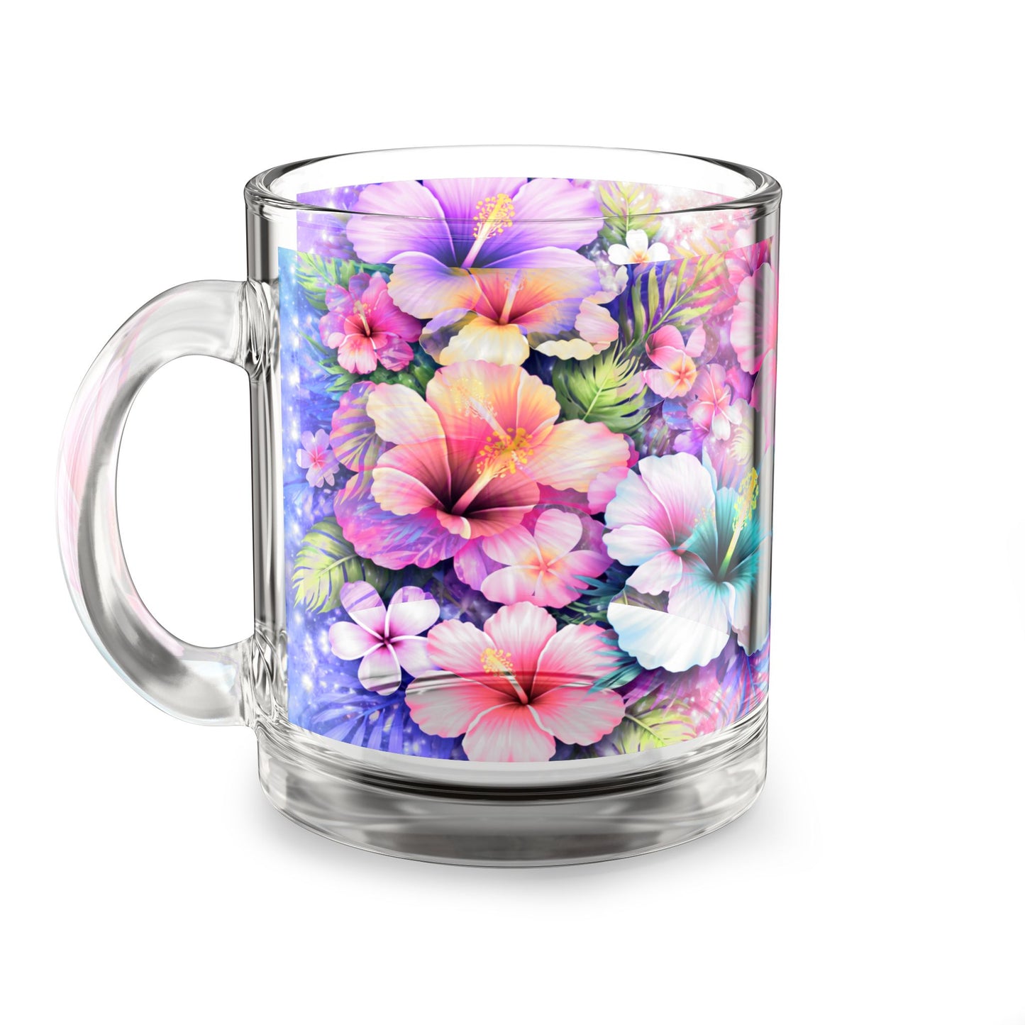 Pastel Tropical Hibiscus Floral Glass Mug 10oz