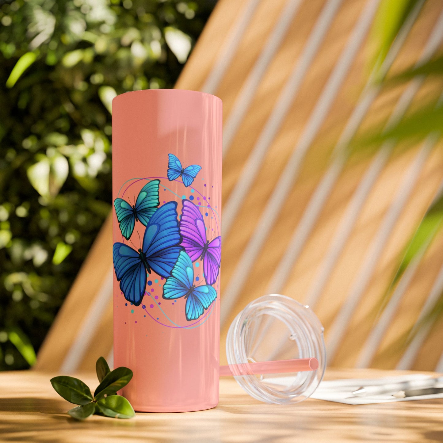 Butterfly Design Skinny Tumbler with Straw - 20oz Travel Mug