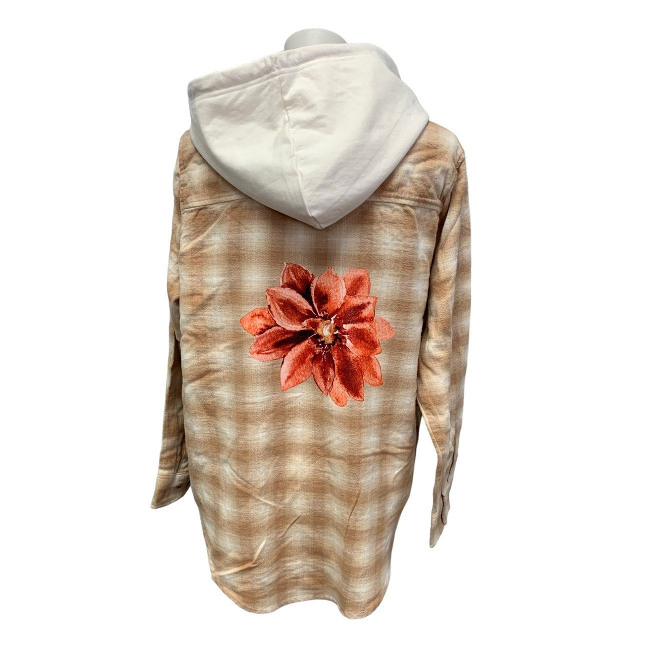 New Hand Printed Womens Large Christmas Poinsettia Flower Plaid Flannel Hoodie