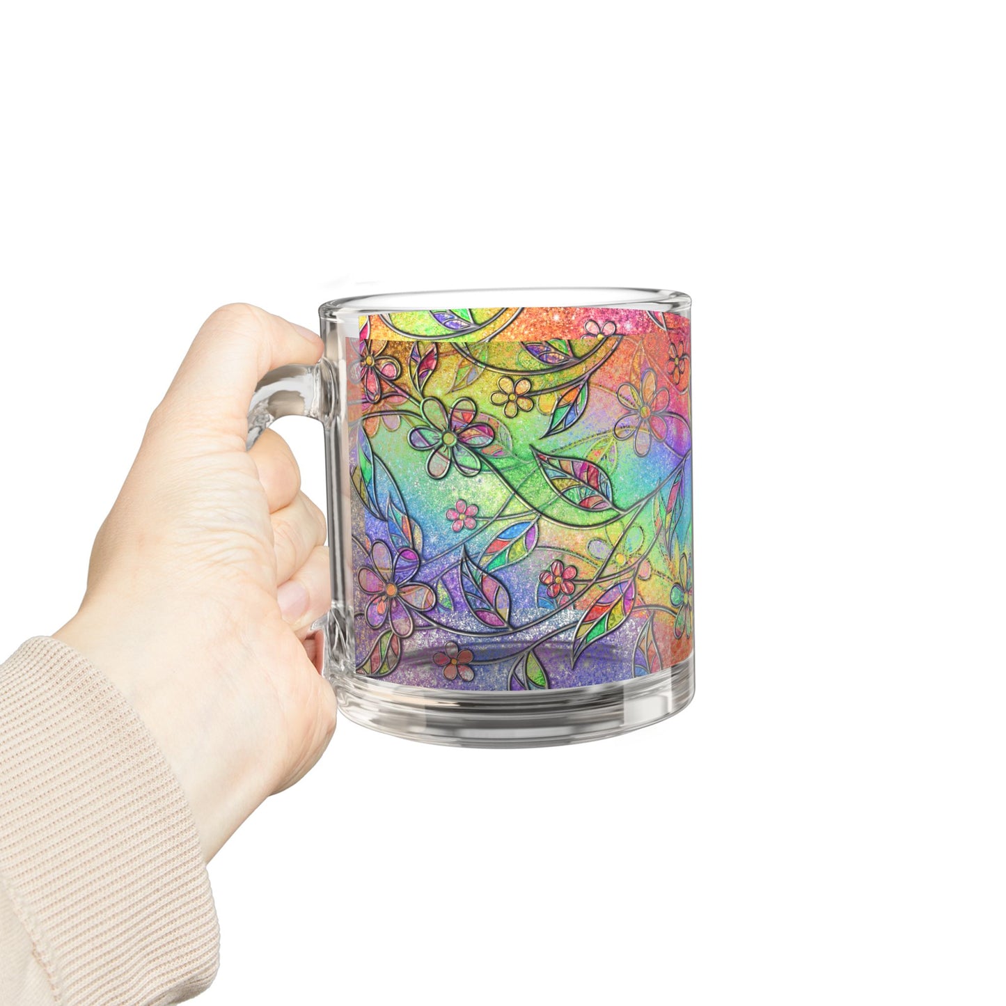 Rainbow Floral Pattern Glass Mug 10oz Colorful Flower Design