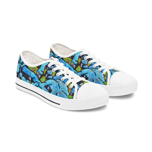Blue Graffiti Women's Low Top Sneakers - Urban Street Art Canvas Shoes