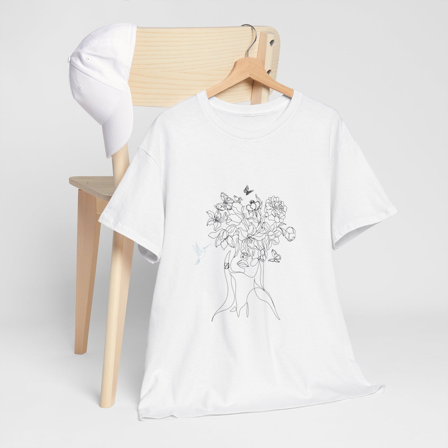 Floral Art Sketch Woman Flowers Hummingbird Unisex Heavy Cotton Tee - Beautiful Gift for Her, Everyday Comfort, Spring Style, Unique Graphic Shirt