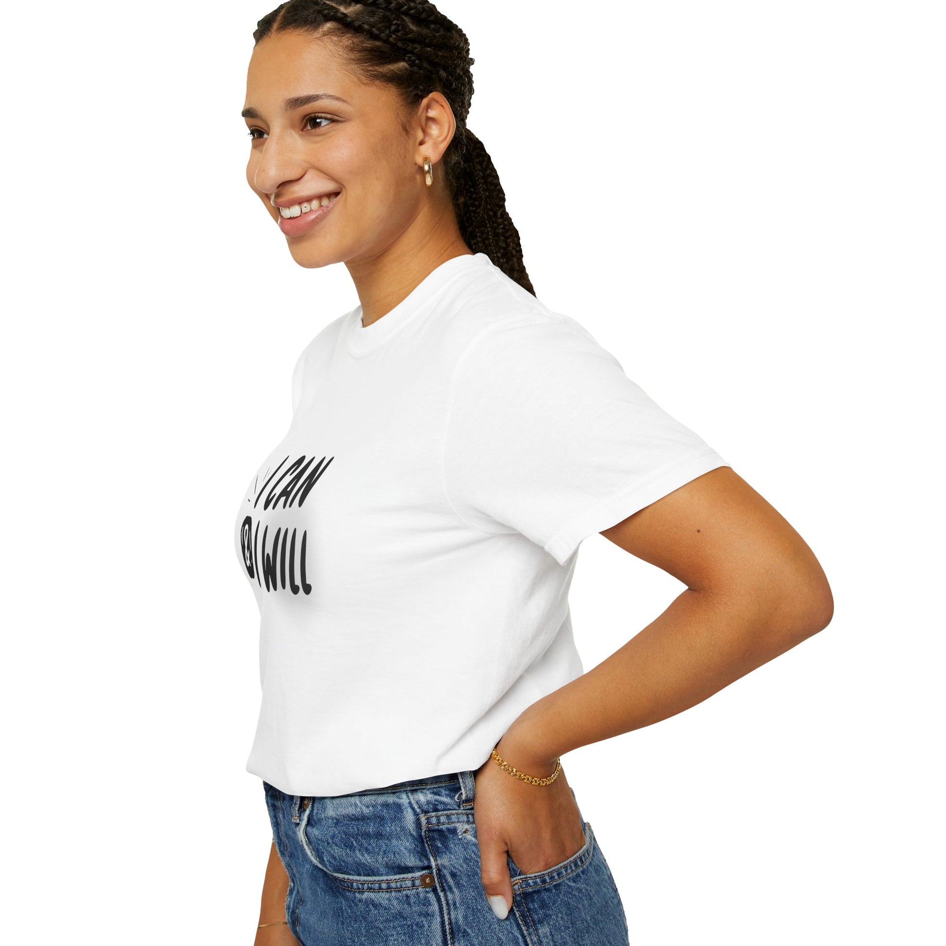 Woman wearing a white t-shirt with text and blue jeans on a white background