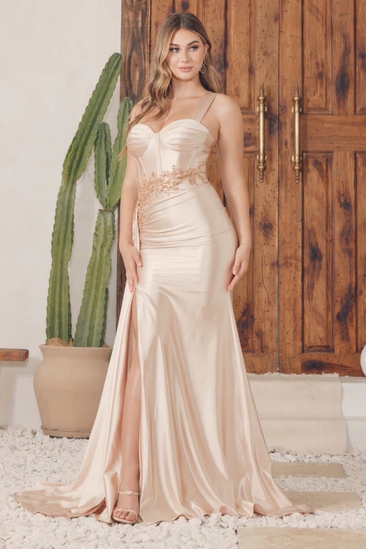One Shoulder Sheath Prom Satin Gown w/ Side Drape & Rhinestones Embellished Waistline NXE1239