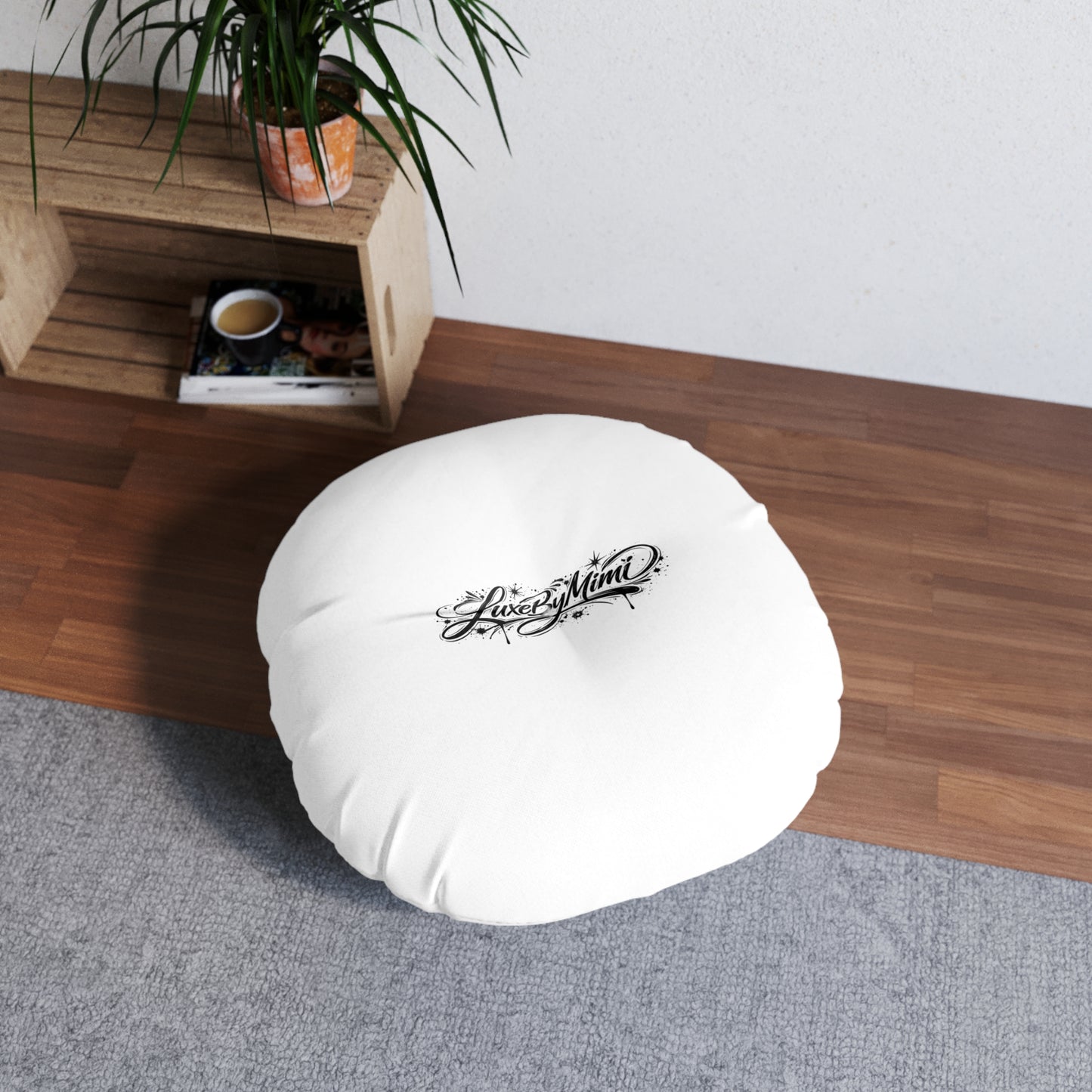LuxeByMimi Round Tufted Floor Pillow — 'Live By Mimi' Script Accent, Cozy Boho Seating