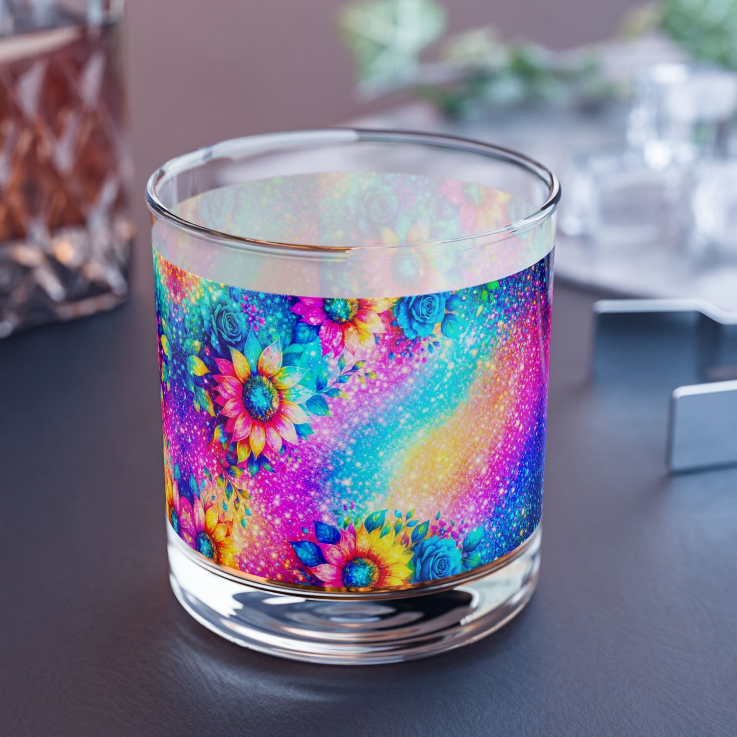 Rainbow Sunflower Galaxy Rocks Glass 10oz