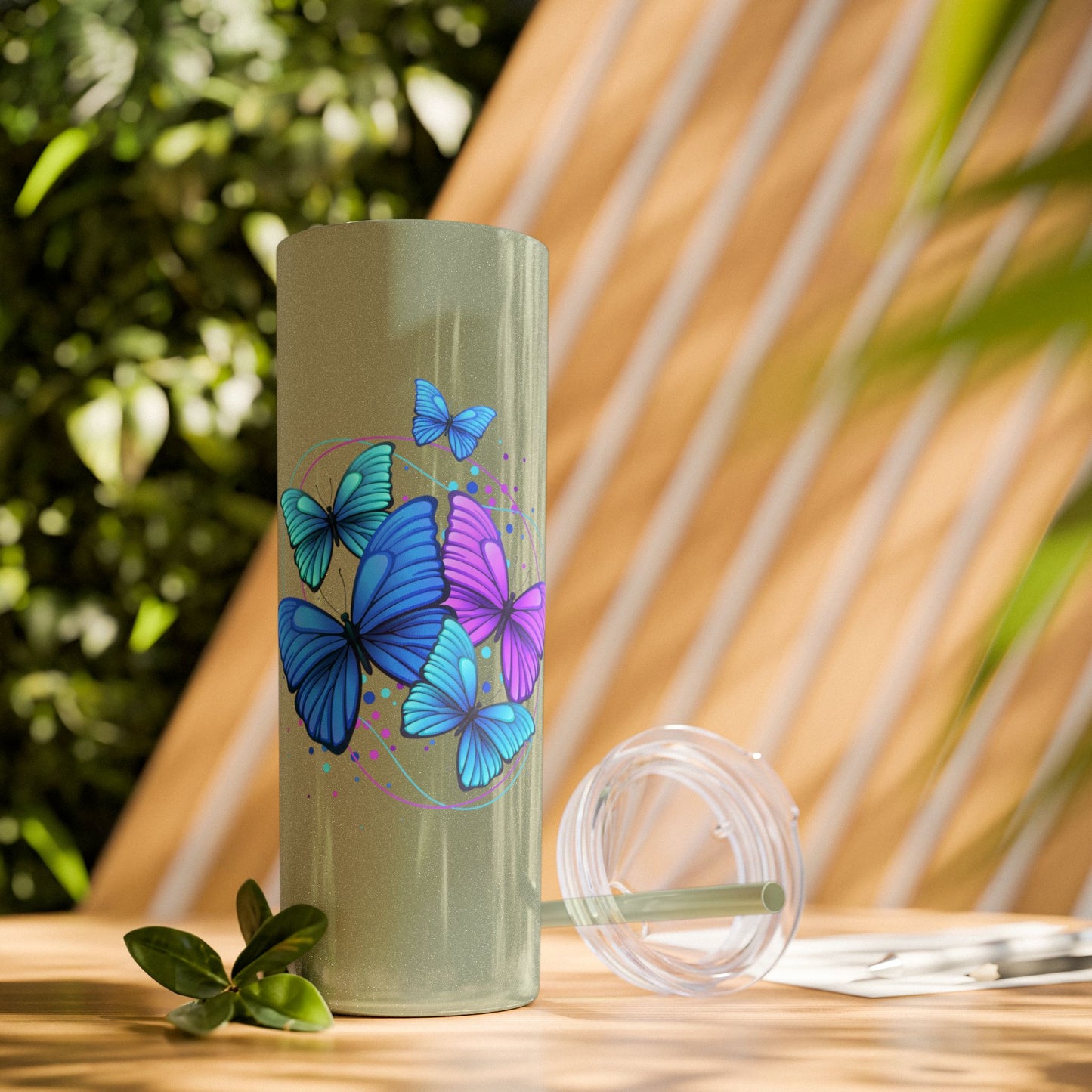 Butterfly Design Skinny Tumbler with Straw - 20oz Travel Mug