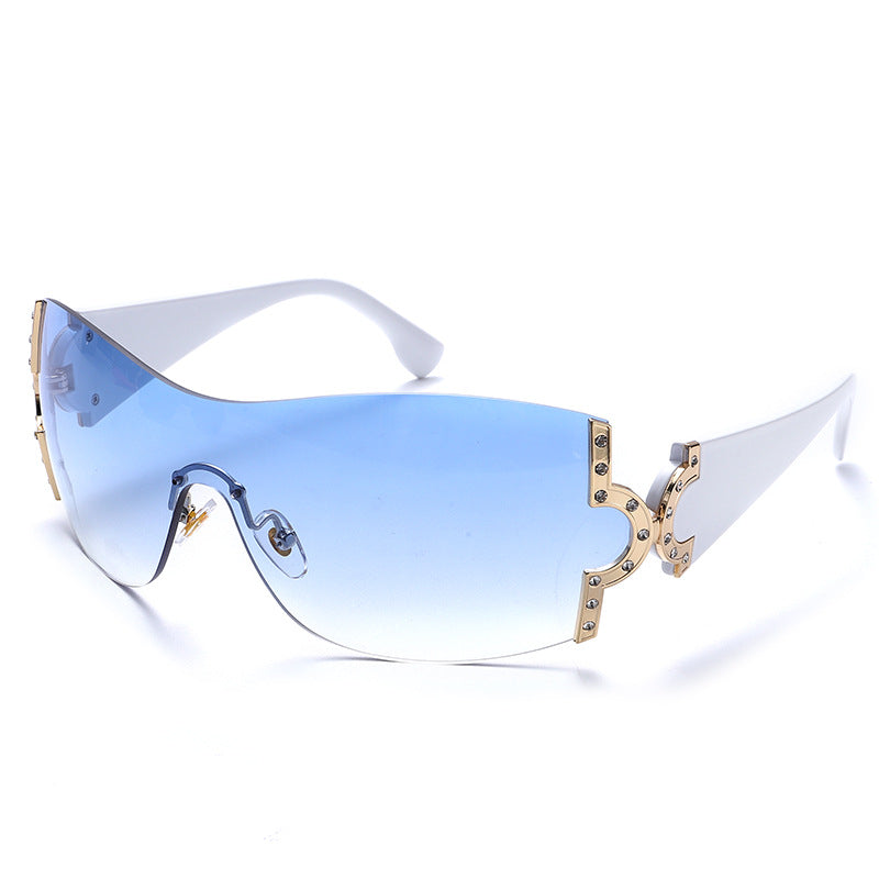 New Diamond Encrusted Sunglasses Women's Fashion Metal One-Piece Frame Glasses Large Frame Diamond Sunglasses