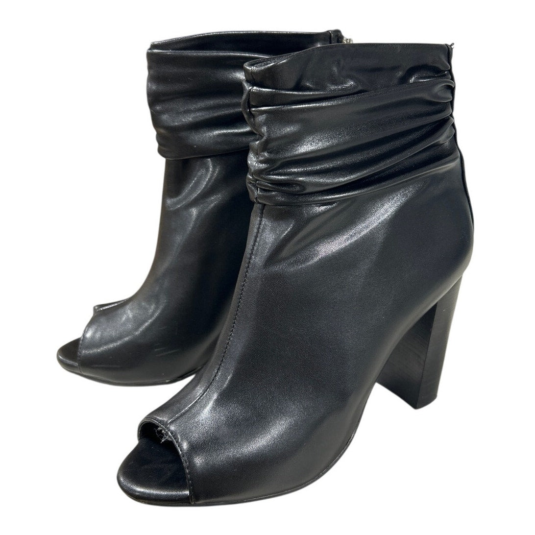FSJ Womens Size 8 Black 4" Chunky Heel Ankle Boots Round Peep Toe Back Zip Shoes