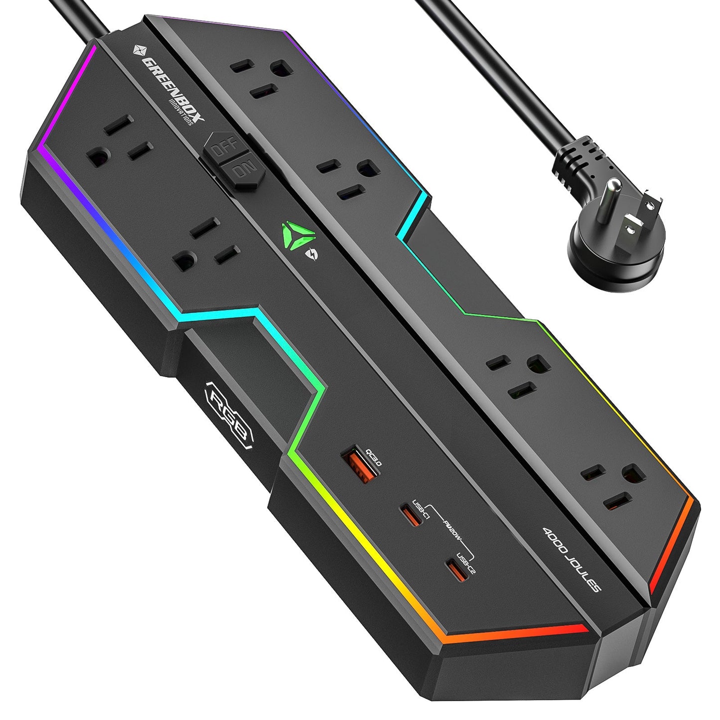 4000J Gaming Power Strip Surge Protector - 20W PD USB-C Fast Charge, 6 Wide-Spaced Outlets, RGB Lighting, 6ft Cord-0