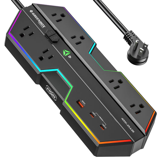 4000J Gaming Power Strip Surge Protector - 20W PD USB-C Fast Charge, 6 Wide-Spaced Outlets, RGB Lighting, 6ft Cord-0
