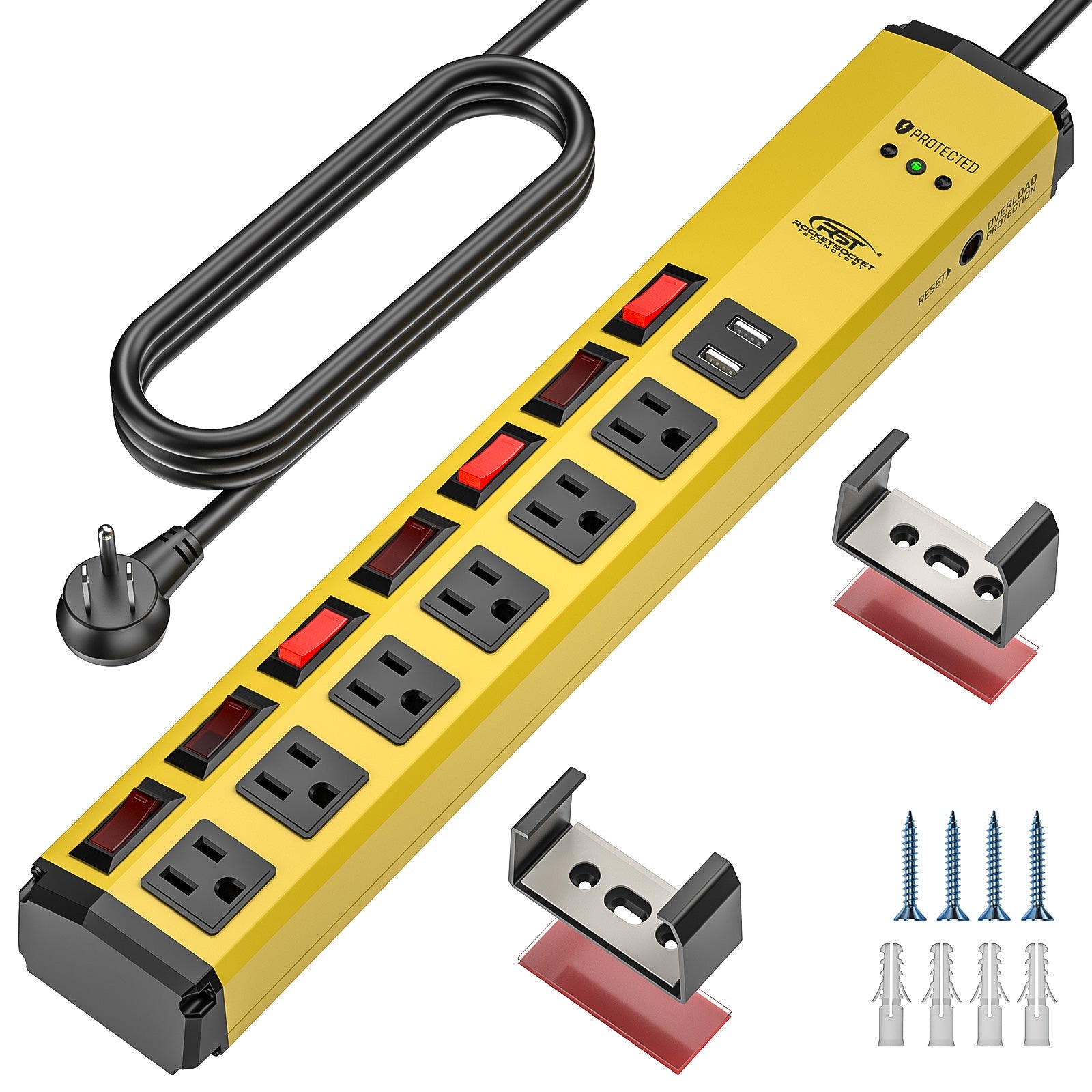CRST Metal Surge Protector Power Strip with Individual Switches - 1200J, 6 Outlets, Dual USB, Wall Mount, 6ft Cord-0