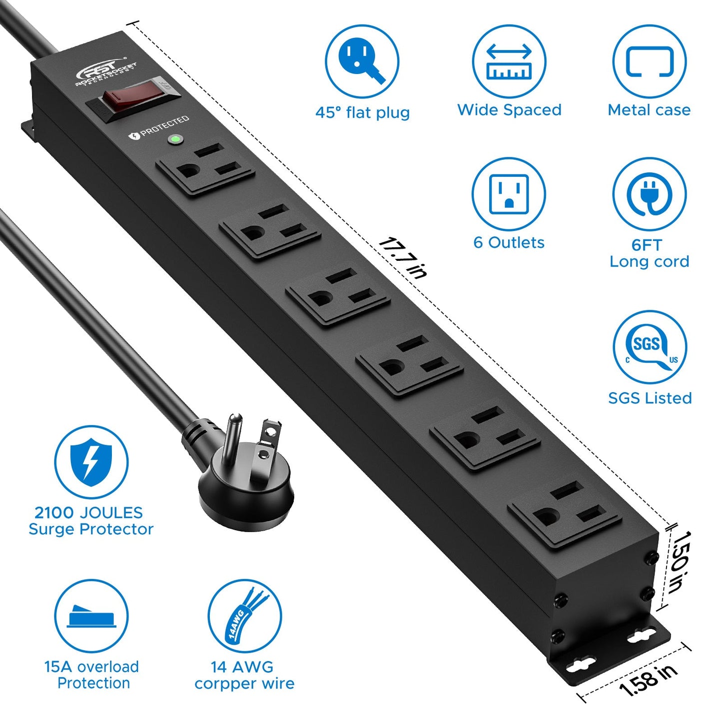 CRST 6 Outlets Wide Spaced Mountable Metal Power Strip Surge Protector, 6FT Flat Plug Power Cord, 2100 Joules Protection, Mount Kits Included-1