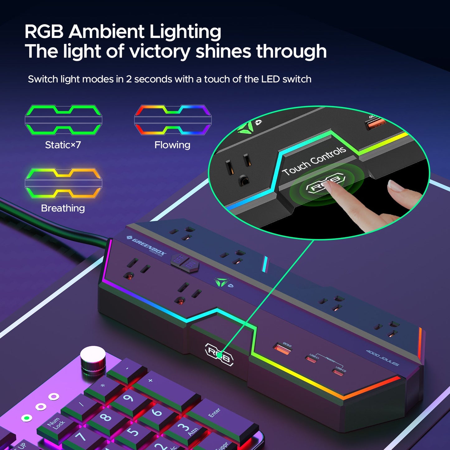 4000J Gaming Power Strip Surge Protector - 20W PD USB-C Fast Charge, 6 Wide-Spaced Outlets, RGB Lighting, 6ft Cord-1