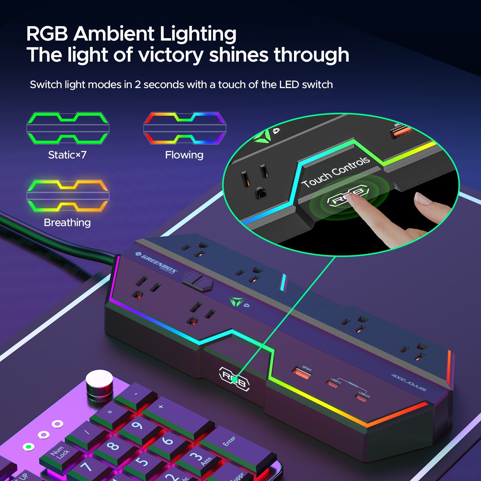 4000J Gaming Power Strip Surge Protector - 20W PD USB-C Fast Charge, 6 Wide-Spaced Outlets, RGB Lighting, 6ft Cord-1