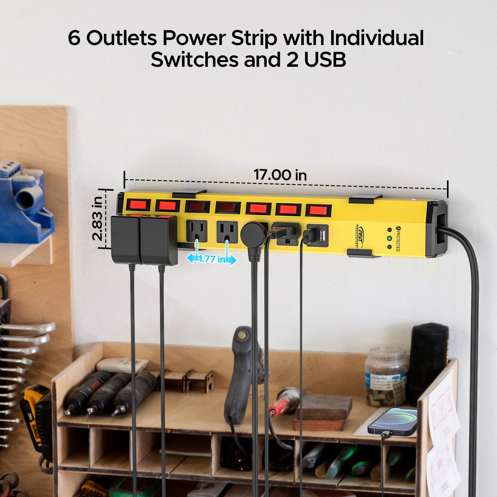 CRST Metal Surge Protector Power Strip with Individual Switches - 1200J, 6 Outlets, Dual USB, Wall Mount, 6ft Cord-1