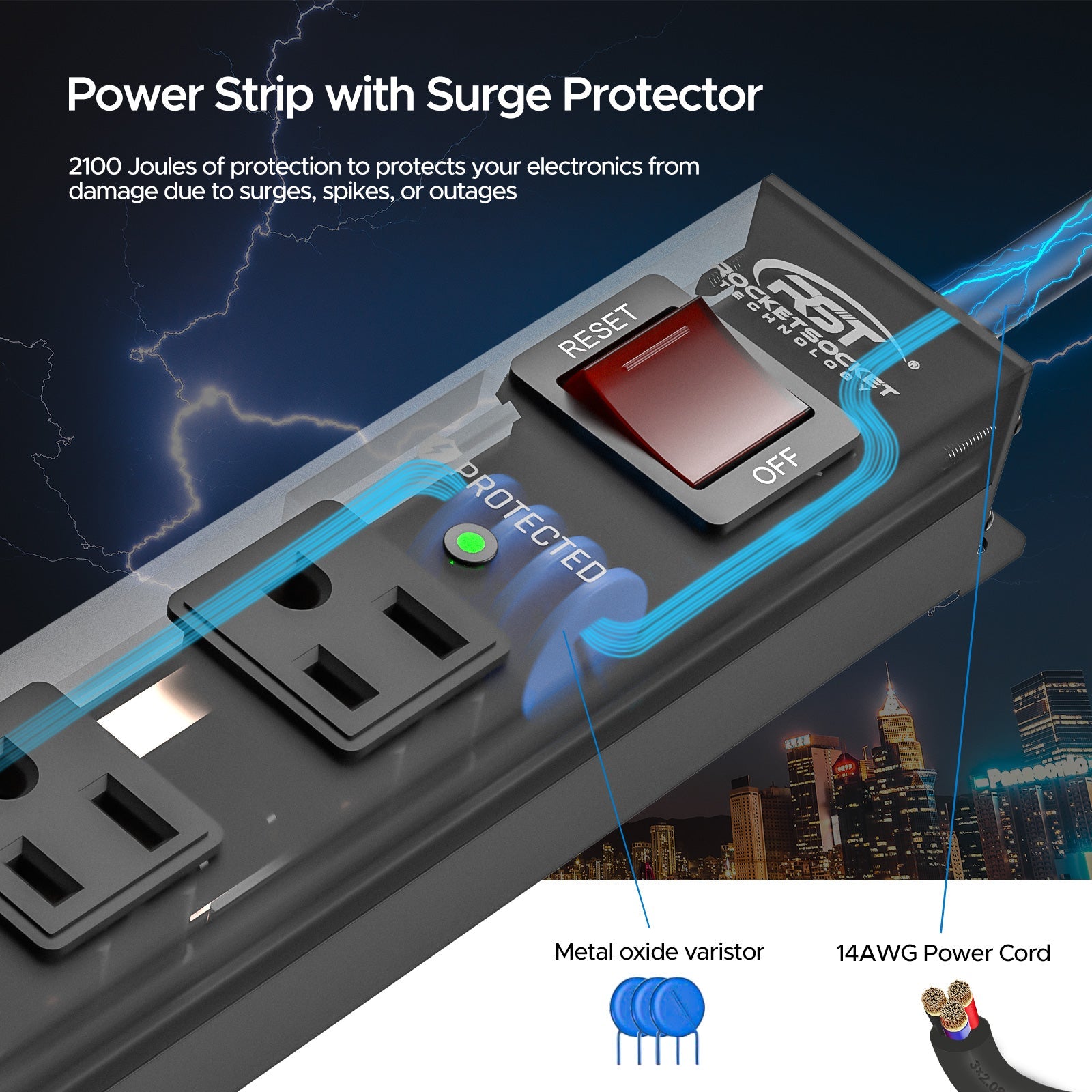 CRST 6 Outlets Wide Spaced Mountable Metal Power Strip Surge Protector, 6FT Flat Plug Power Cord, 2100 Joules Protection, Mount Kits Included-3