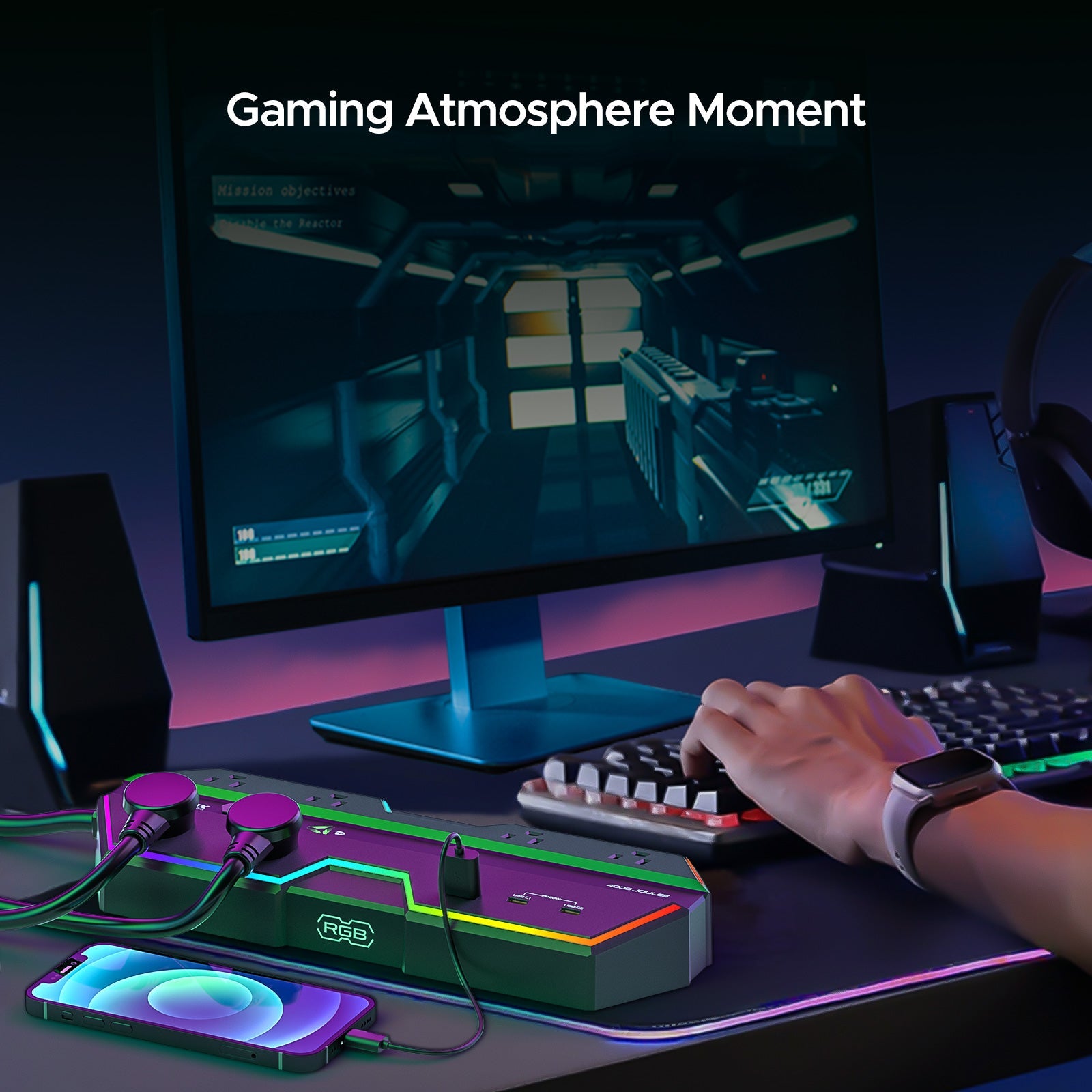 4000J Gaming Power Strip Surge Protector - 20W PD USB-C Fast Charge, 6 Wide-Spaced Outlets, RGB Lighting, 6ft Cord-2