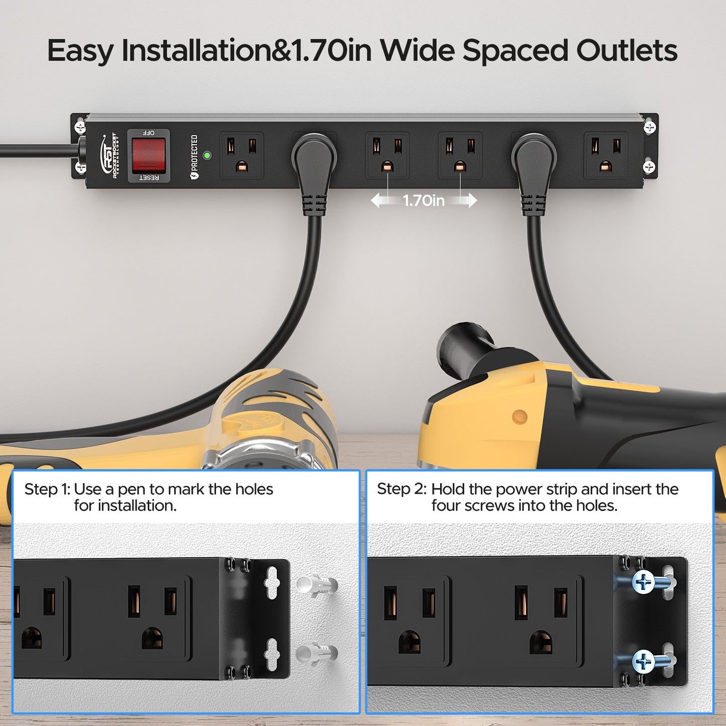 CRST 6 Outlets Wide Spaced Mountable Metal Power Strip Surge Protector, 6FT Flat Plug Power Cord, 2100 Joules Protection, Mount Kits Included-2