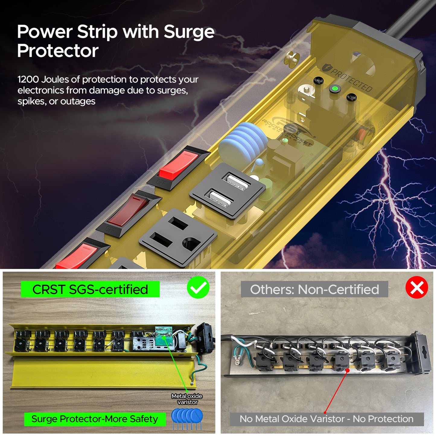 CRST Metal Surge Protector Power Strip with Individual Switches - 1200J, 6 Outlets, Dual USB, Wall Mount, 6ft Cord-4