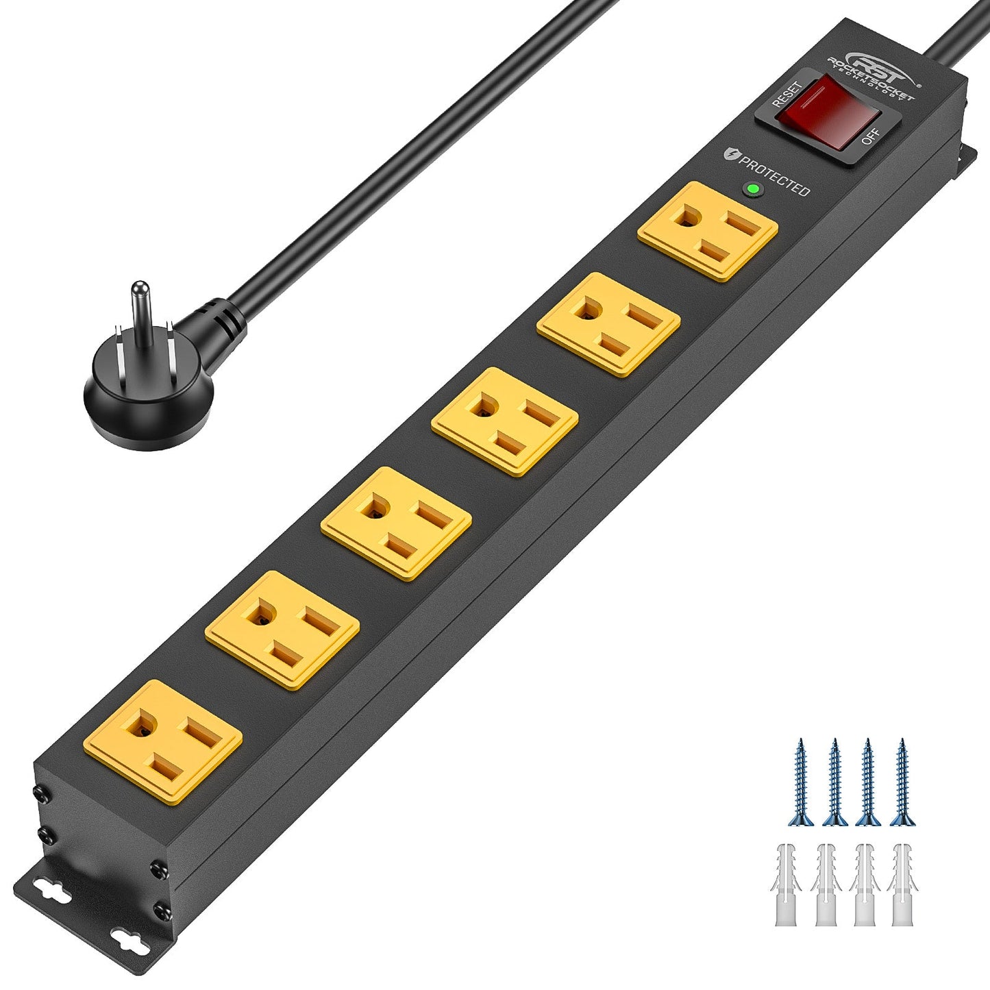CRST 6 Outlets Wide Spaced Mountable Metal Power Strip Surge Protector, 6FT Flat Plug Power Cord, 2100 Joules Protection, Mount Kits Included-5