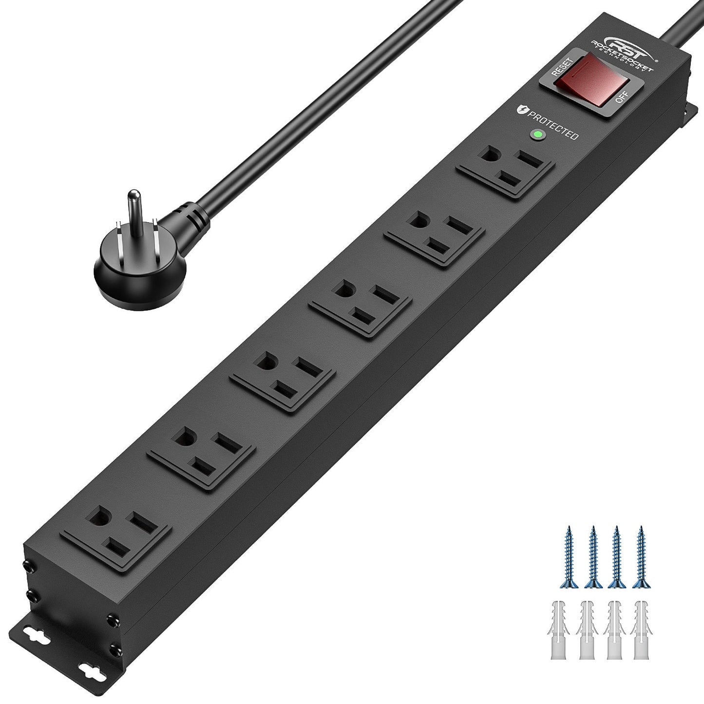 CRST 6 Outlets Wide Spaced Mountable Metal Power Strip Surge Protector, 6FT Flat Plug Power Cord, 2100 Joules Protection, Mount Kits Included-0