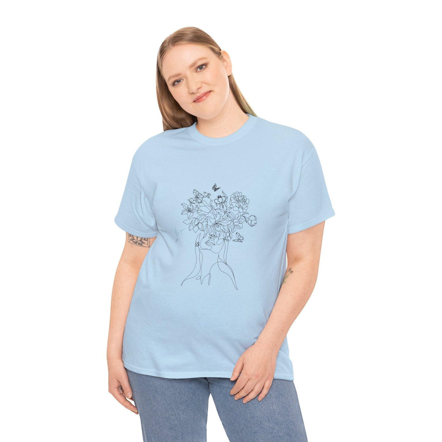 Floral Art Sketch Woman Flowers Hummingbird Unisex Heavy Cotton Tee - Beautiful Gift for Her, Everyday Comfort, Spring Style, Unique Graphic Shirt