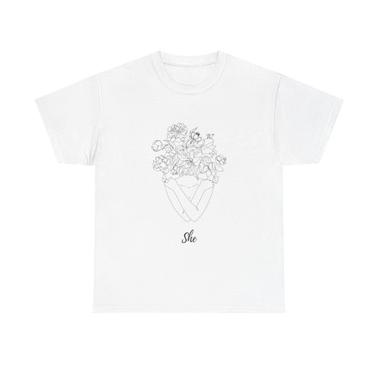 SHE Floral Love Unisex Heavy Cotton Tee, Casual T-Shirt, Gift for Her, Summer Fashion, Relaxed Fit Tee