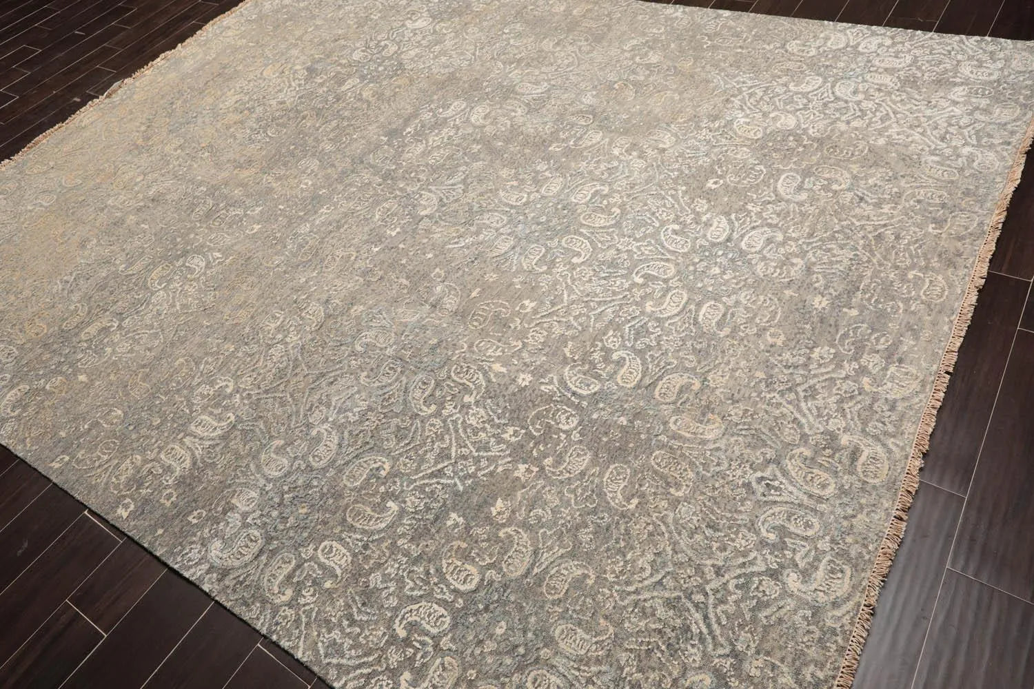 Tibetan 8'x10' Hand Knotted Wool & Silk Contemporary Sherpa Area Rug Gray, Beige-0
