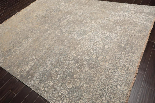 Tibetan 8'x10' Hand Knotted Wool & Silk Contemporary Sherpa Area Rug Gray, Beige-0