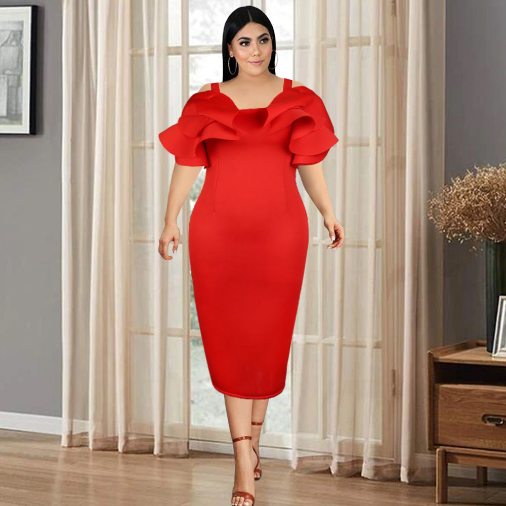 Sling Ruffled High Waist Bag Hip Plus Size Dress
